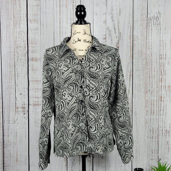 Notations Black & White Paisley Medium Dressy Casual Patterned Button Blouse - Picture 1 of 9